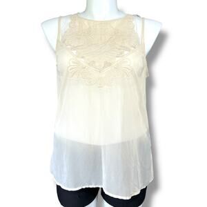 Kenar Womens Sheer Blouse Tank Top Embroidered Floral Design Button Down Beige